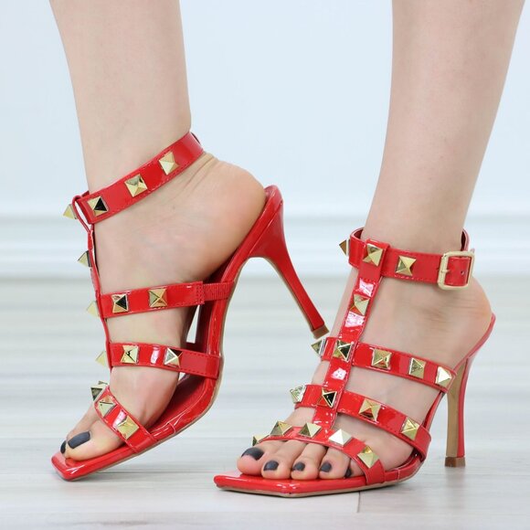 Red Patent Leather Ankle Strap High Heels Sandals Square toe and Gold Studs - Picture 1 of 14